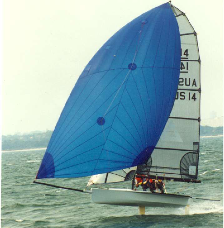 International 14 on foils -David Lugg 1999.jpg