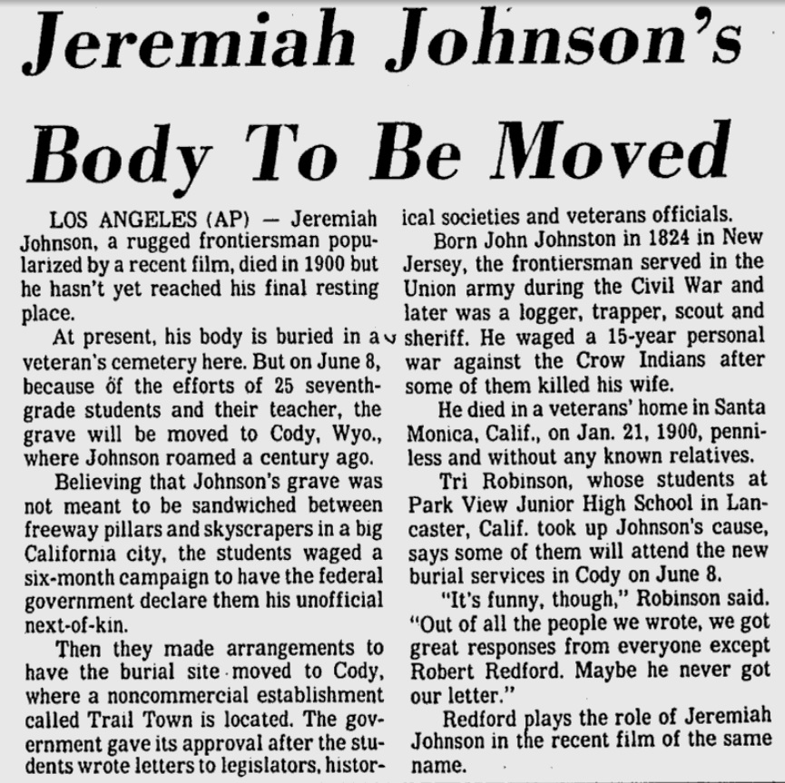 Jeremiah Johnsons Body To Be Moved The Evening Independent May 28 1974 page 12.jpg